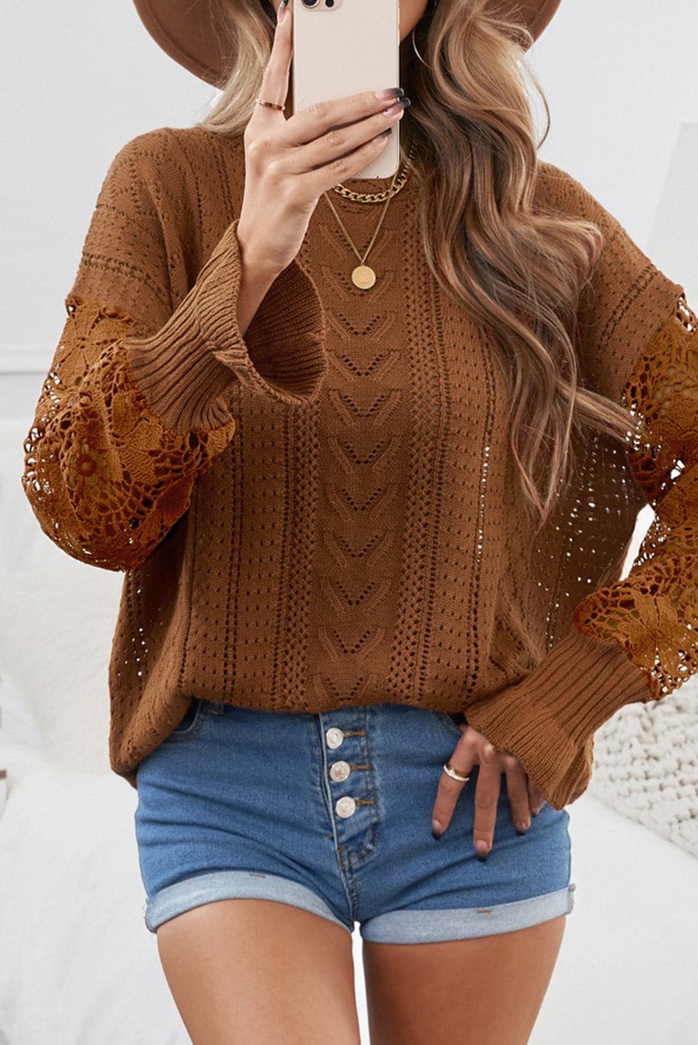 Openwork Lantern Sleeve Dropped Shoulder Sweater.