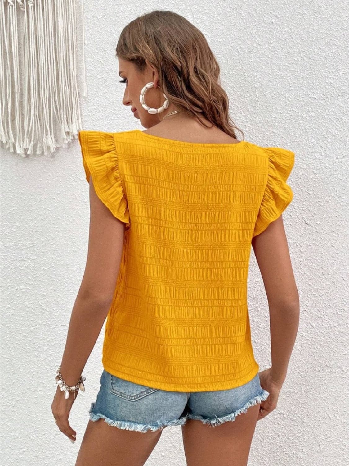 Ruffled Square Neck Cap Sleeve Blouse.