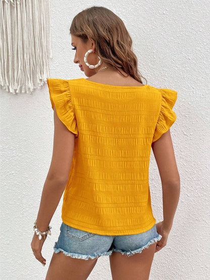 Ruffled Square Neck Cap Sleeve Blouse.