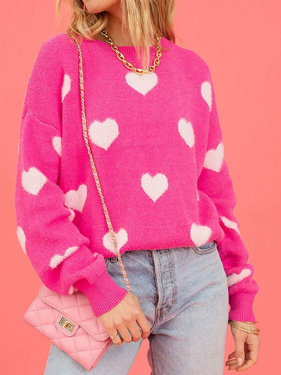 Heart Round Neck Dropped Shoulder Sweater.