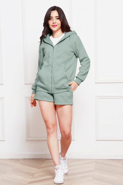 Zip Up Drawstring Hoodie and Shorts Set.