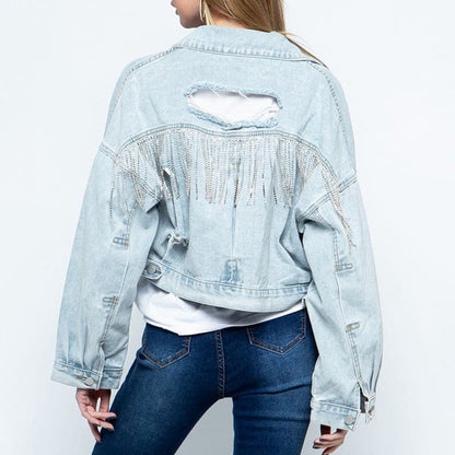 Cropped Collared Neck Dropped Shoulder Denim Jacket.