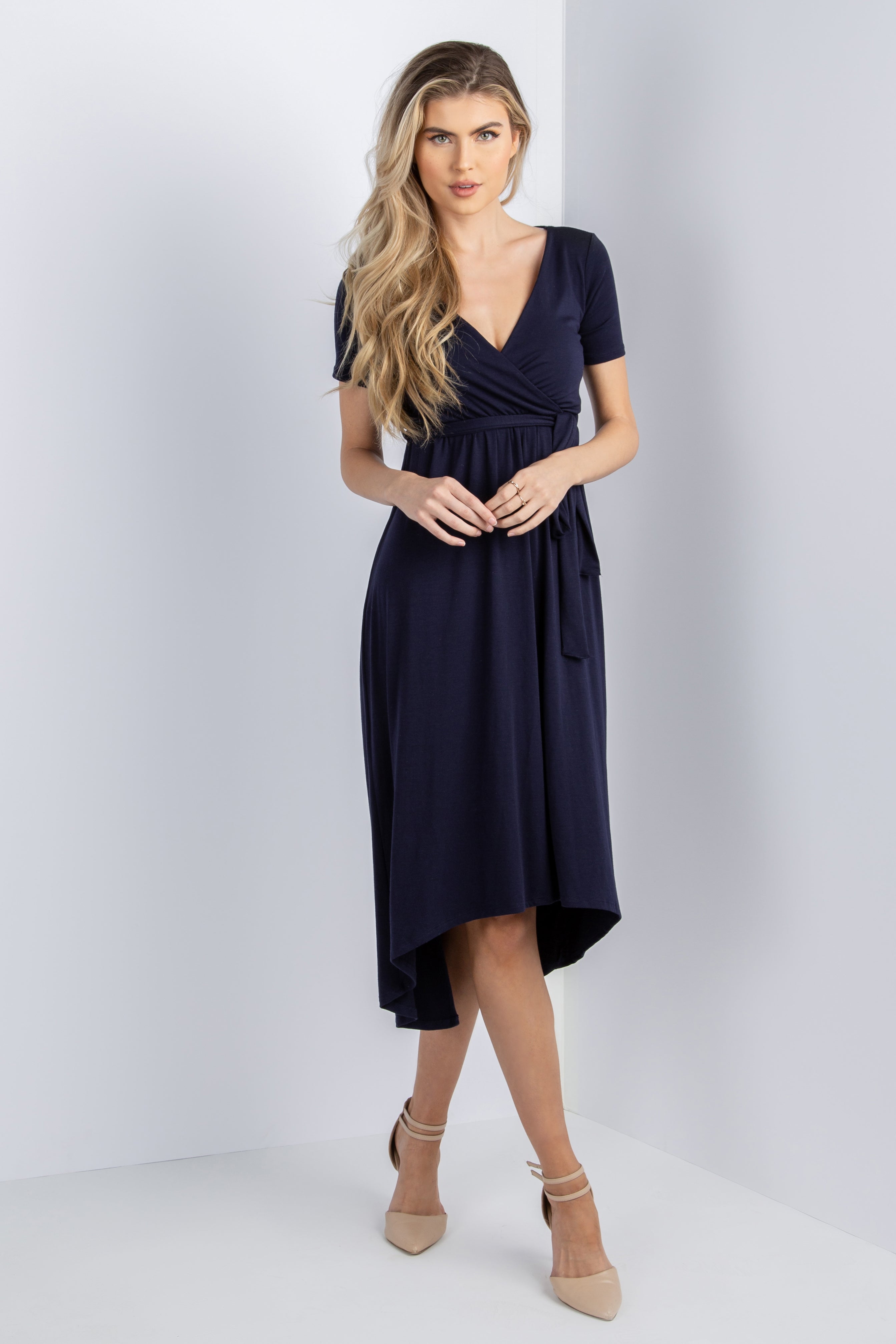 Navy Blue Solid Maternity Wrap Dress With Hi Low Hem PinkBlush