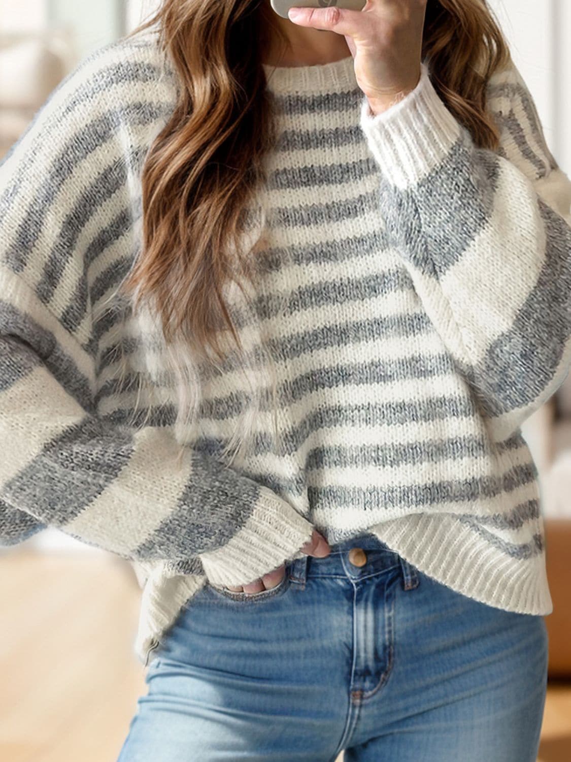 Striped Round Neck Dropped Shoulder Sweater.