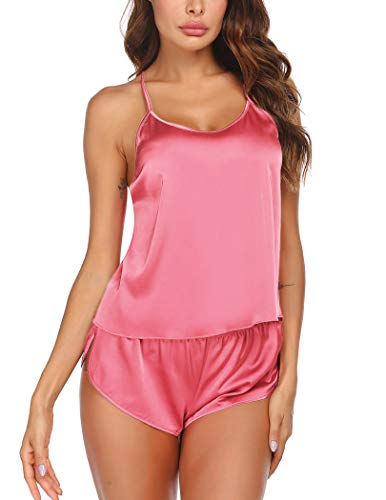 Ekouaer Silk Pajamas Set for Women Satin Backless Lingerie Pjs Cami Top and Shorts Nightwear