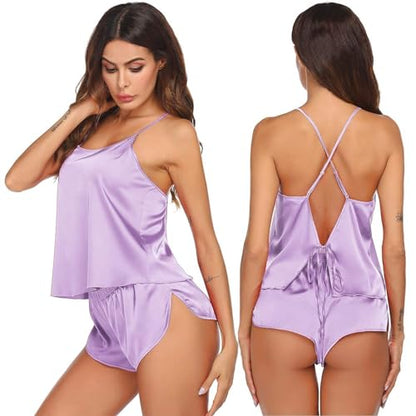 Ekouaer Silk Pajamas Set for Women Satin Backless Lingerie Pjs Cami Top and Shorts Nightwear