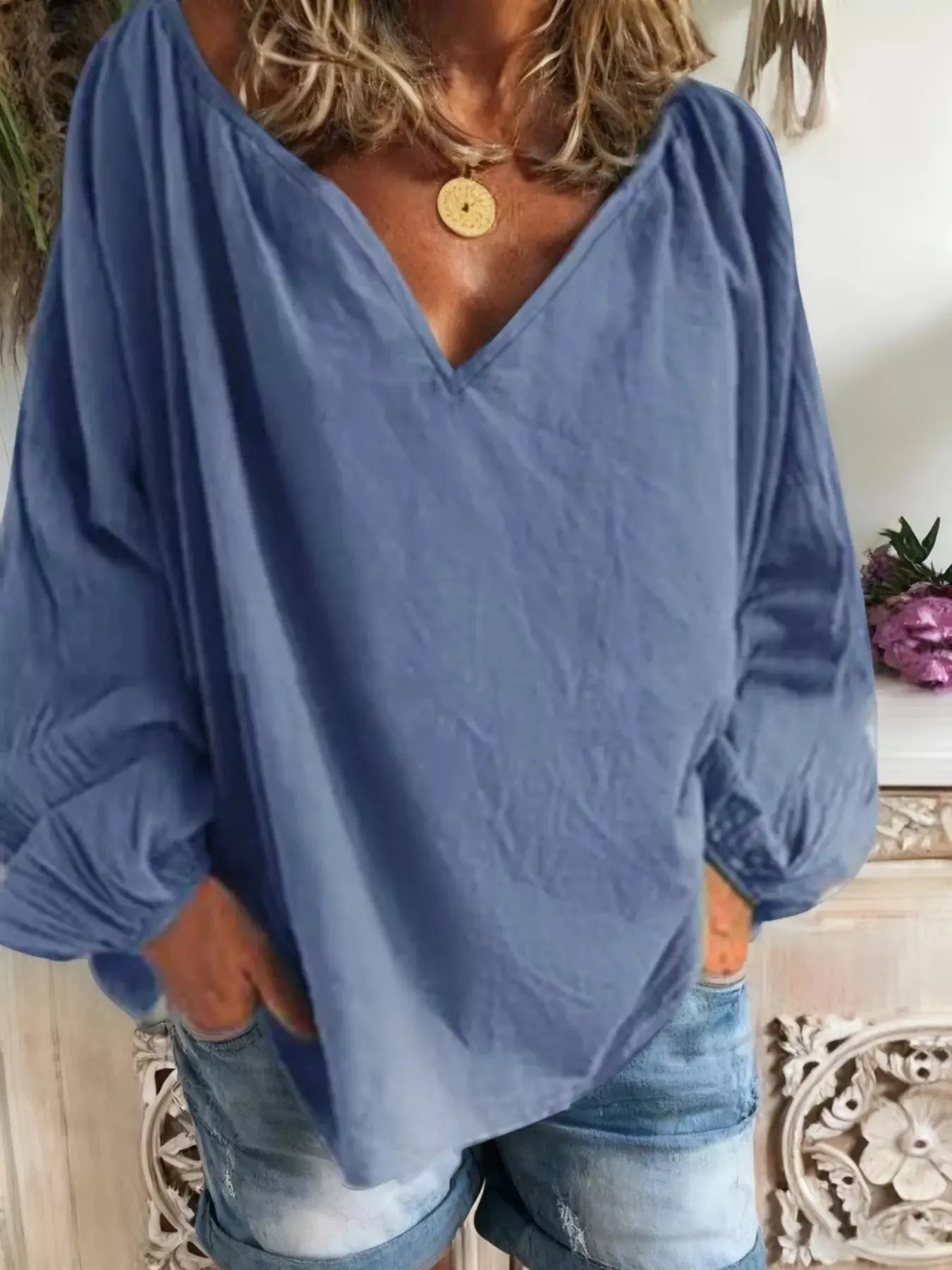 Plus Size V-Neck Long Sleeve Blouse Simply Love