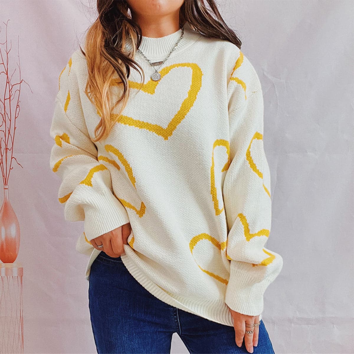 Heart Pattern Long Sleeve Sweater.