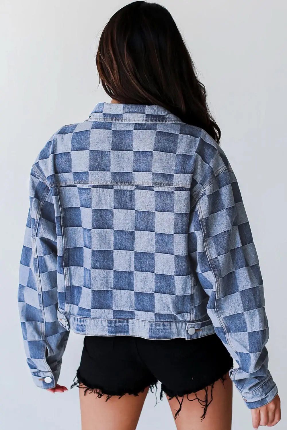 Light Blue Checkered Patchwork Button up Denim Jacket - Love Salve 