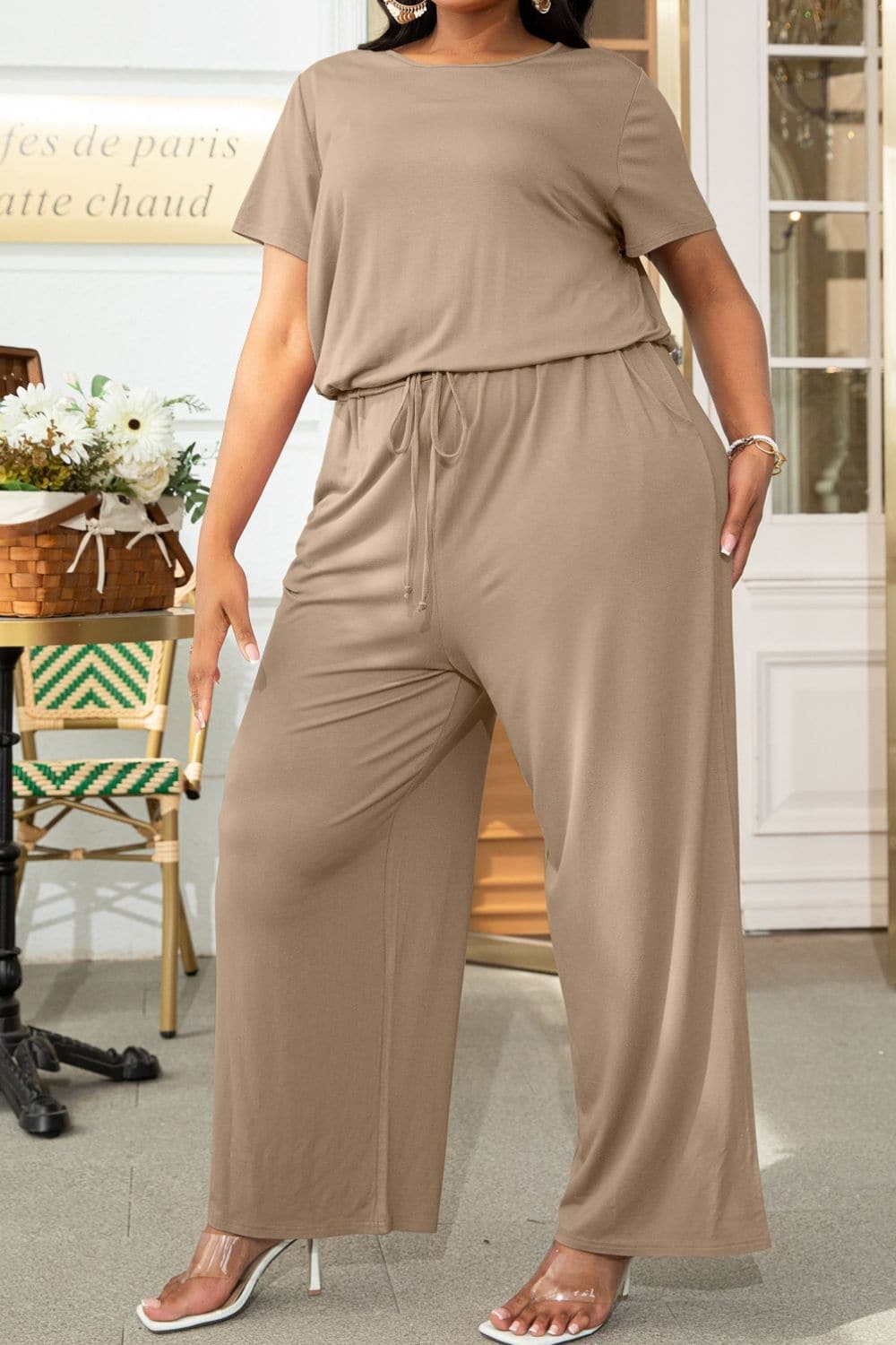 Plus Size Drawstring Waist Short Sleeve Jumpsuit.