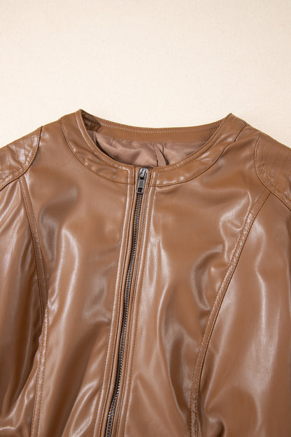 Chic chestnut faux leather bomber