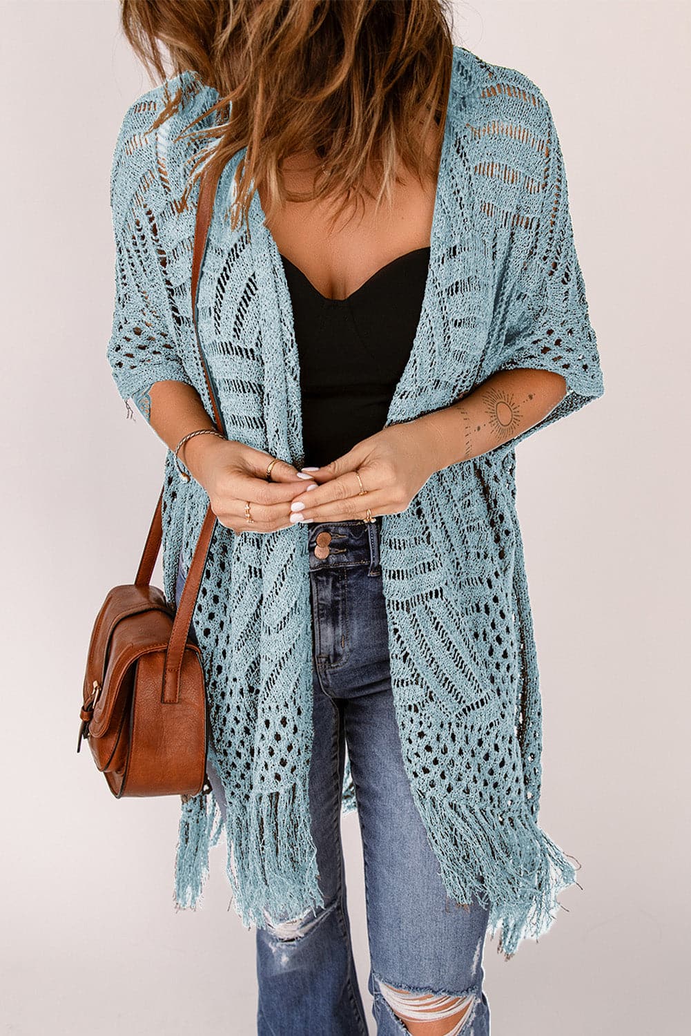 Openwork Open Front Cardigan with Fringes.