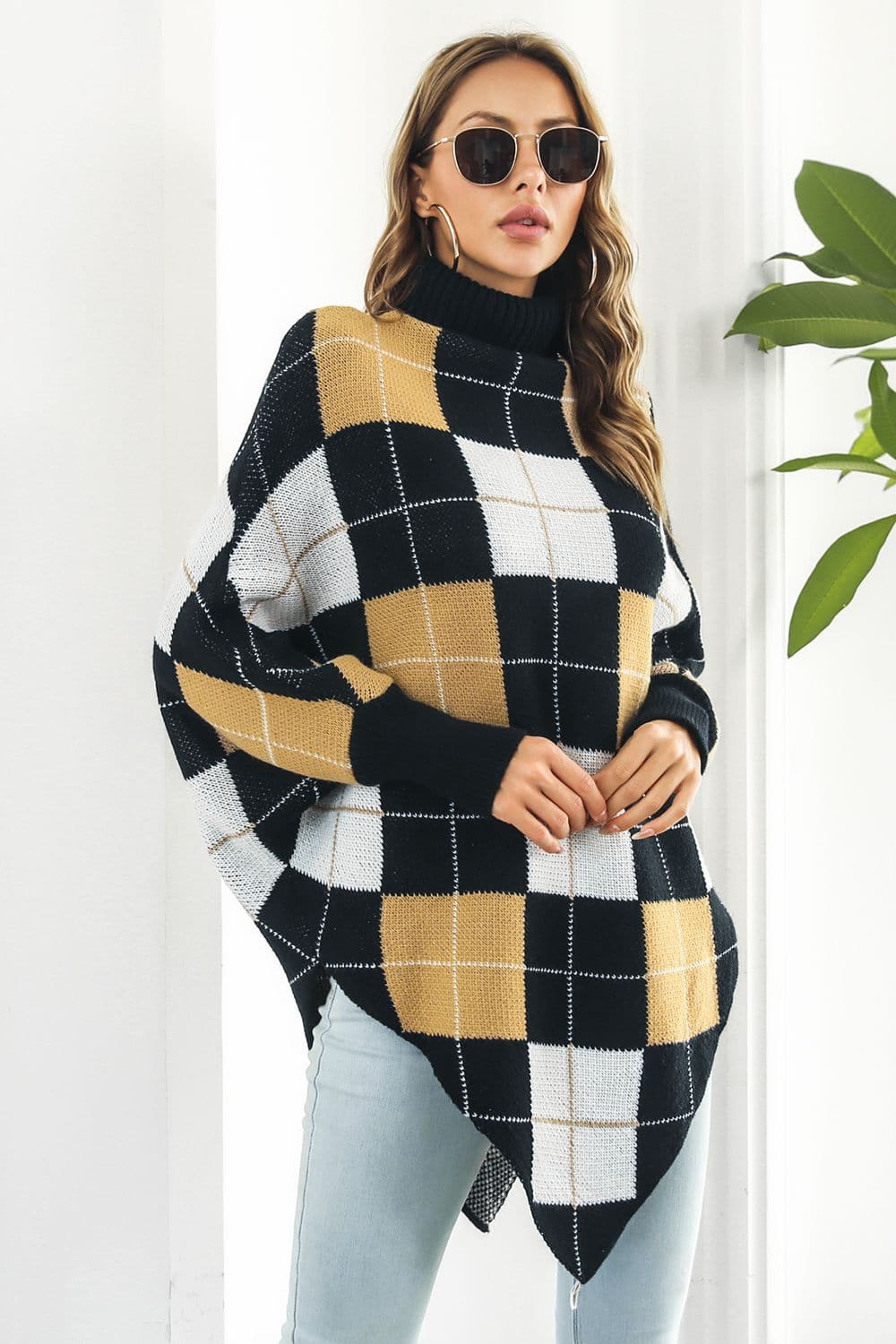 Plaid Turtleneck Dolman Sleeve Poncho.