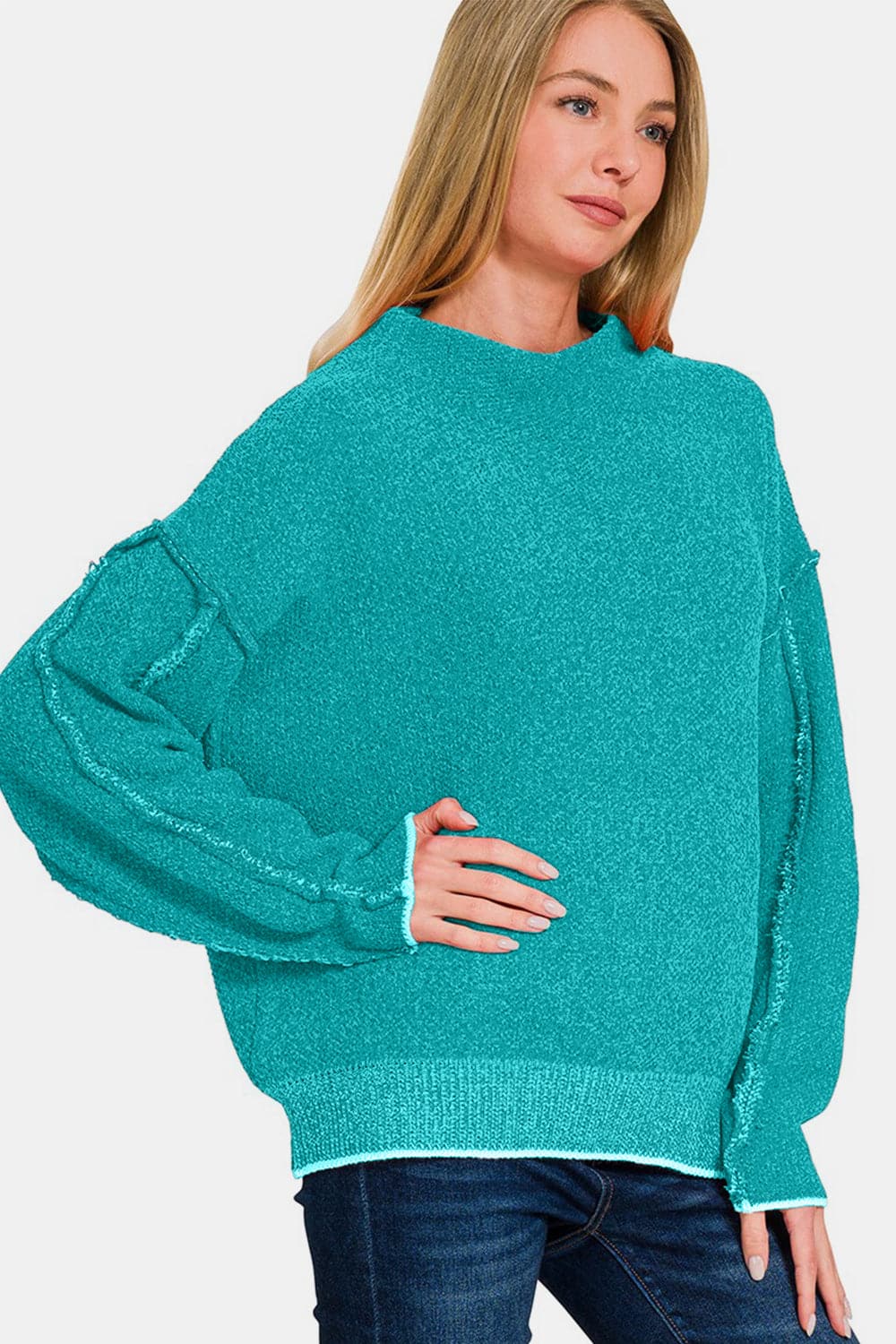 Zenana Exposed Seam Mock Neck Long Sleeve Sweater.