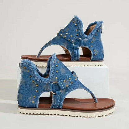 Rivet Detail Frayed Edge Slide Sandals.