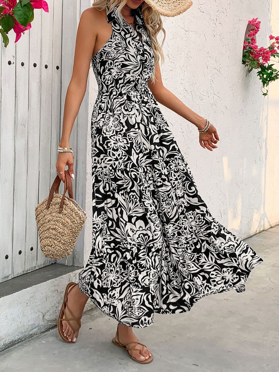 Backless Smocked Printed Sleeveless Midi Dress.