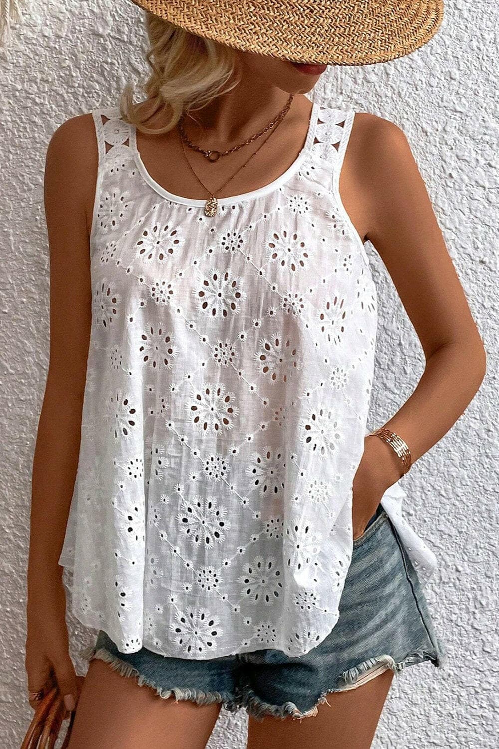 Eyelet Round Neck Wide Strap Tank.