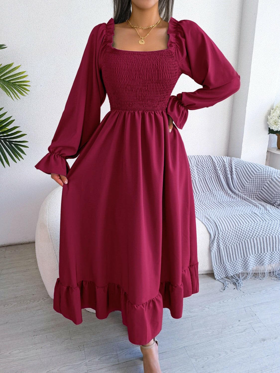 Smocked Square Neck Flounce Sleeve Dress.