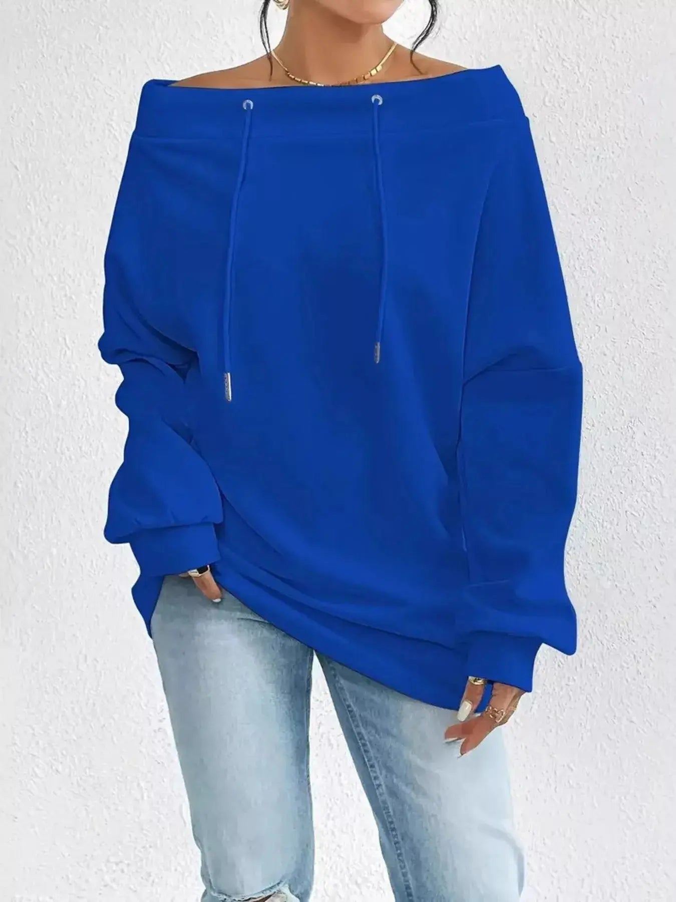Off-Shoulder Drawstring Sweatshirt Simply Love