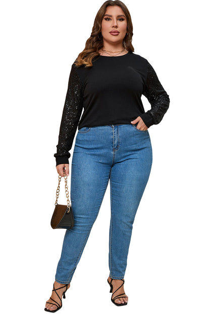 Elegant black sequin sleeve plus size tunic top