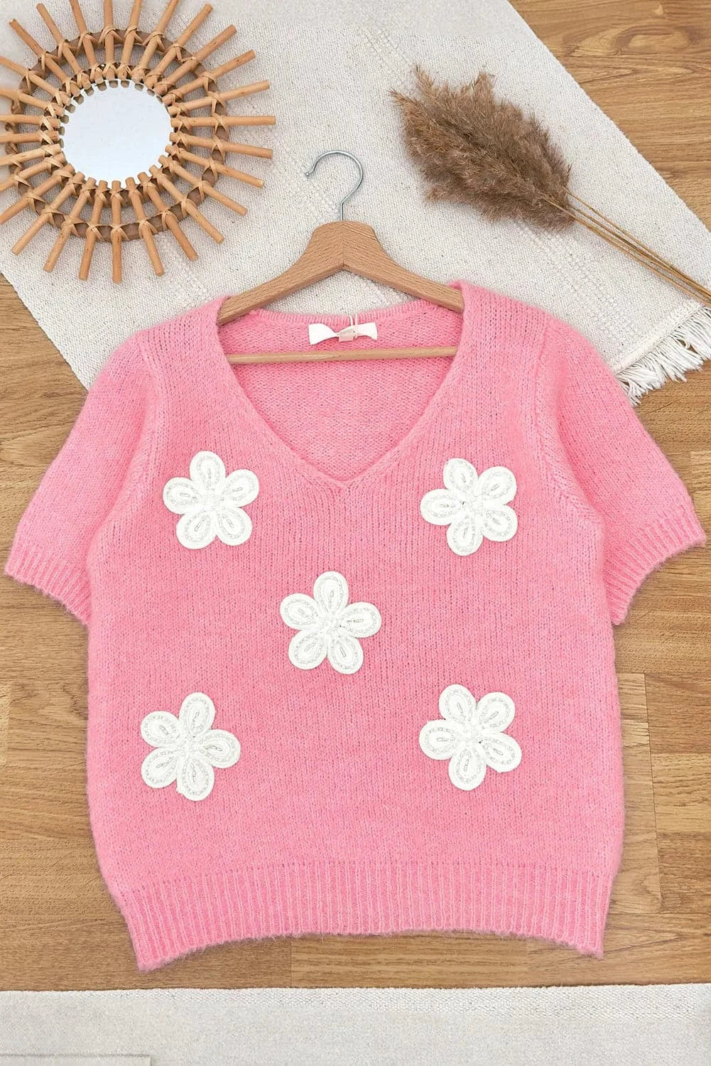 Flower V-Neck Short Sleeve Sweater.