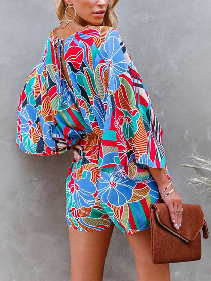 Tied Printed Kimono Sleeve Romper.