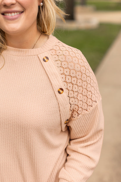 Chic beige plus size waffle knit top with lace patchwork and button details