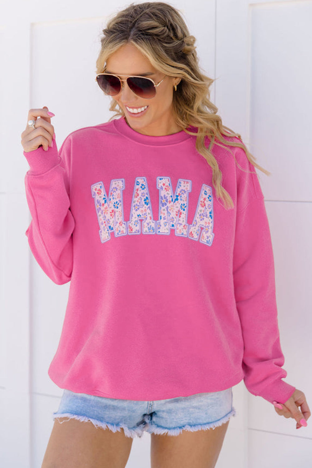 Floral mama embroidered pullover in rose red