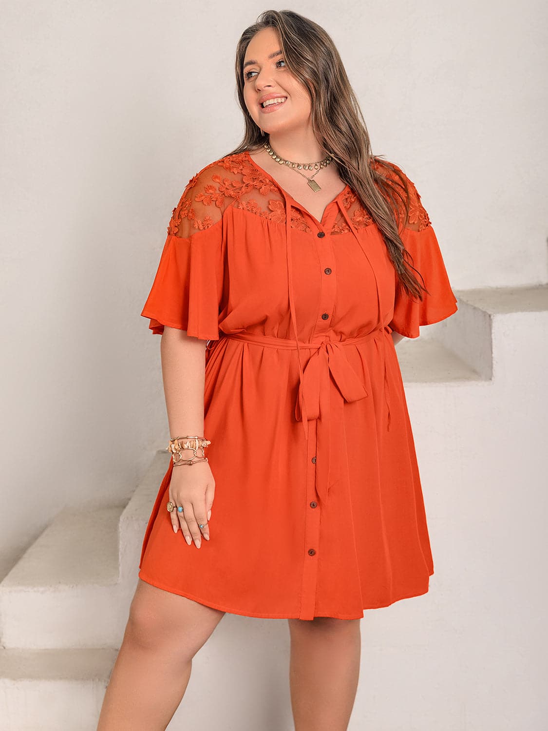 Plus Size Lace Button Up Half Sleeve Dress.