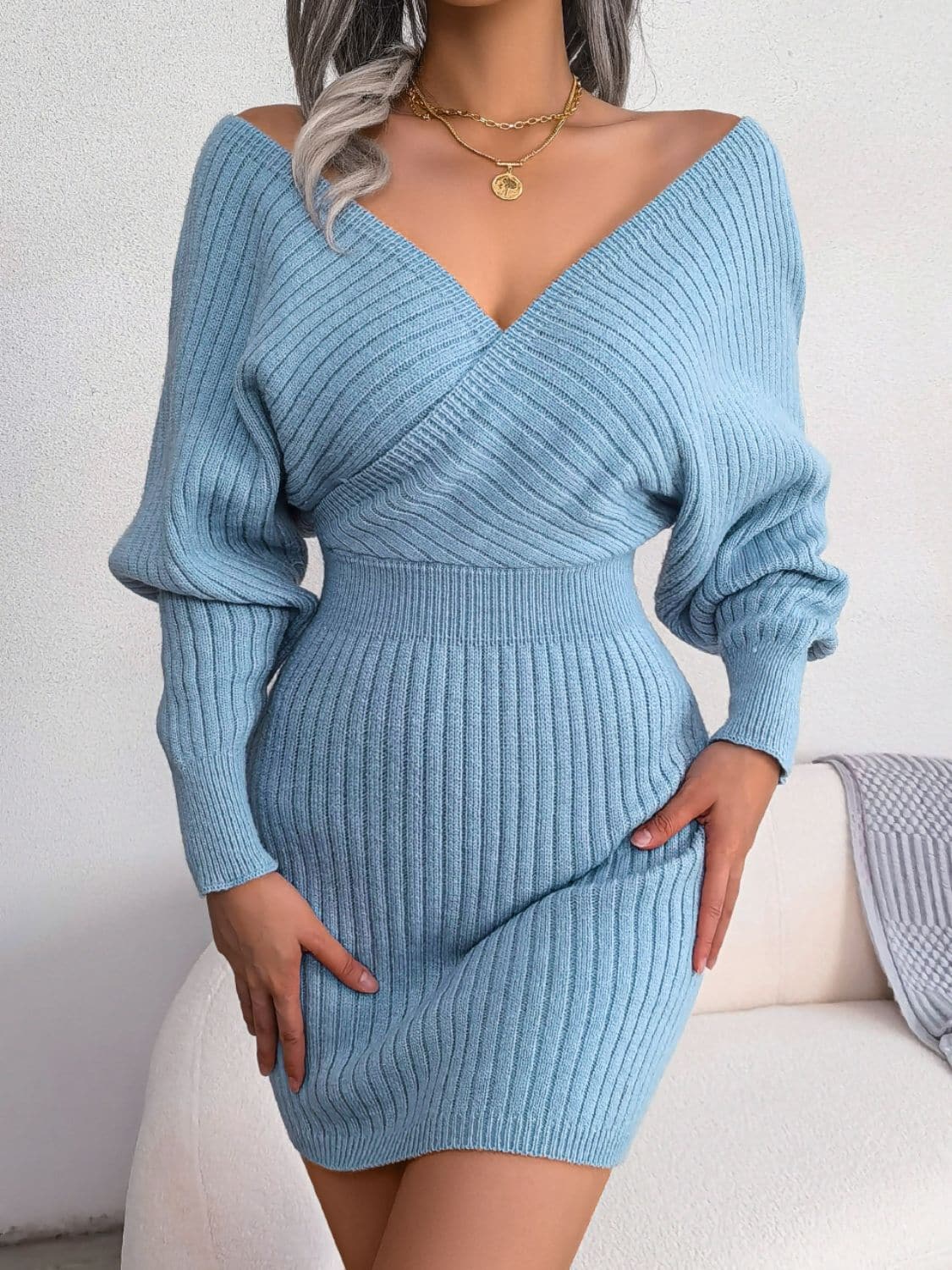 Rib-Knit Dolman Sleeve Sweater Dress.