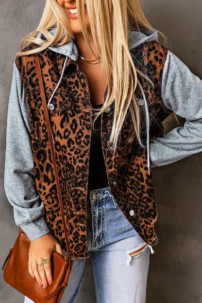 Leopard Distressed Drawstring Hooded Denim Jacket.