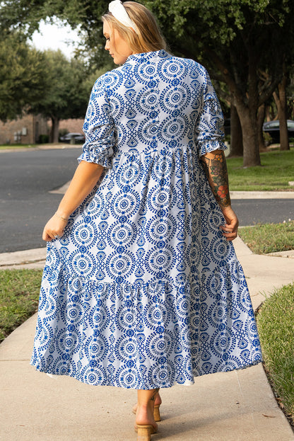 Sky blue geometric lace-up maxi dress with notch neck for plus sizes