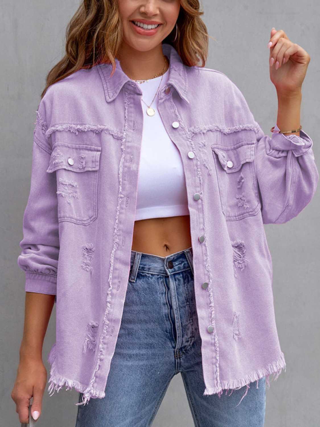 Distressed Drop Shoulder Denim Jacket Coco’s Tee Boutique