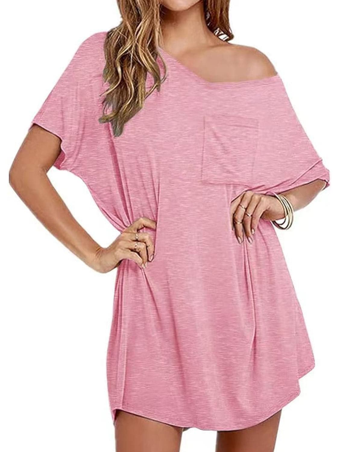 Pocketed V-Neck Short Sleeve Tee Dress.