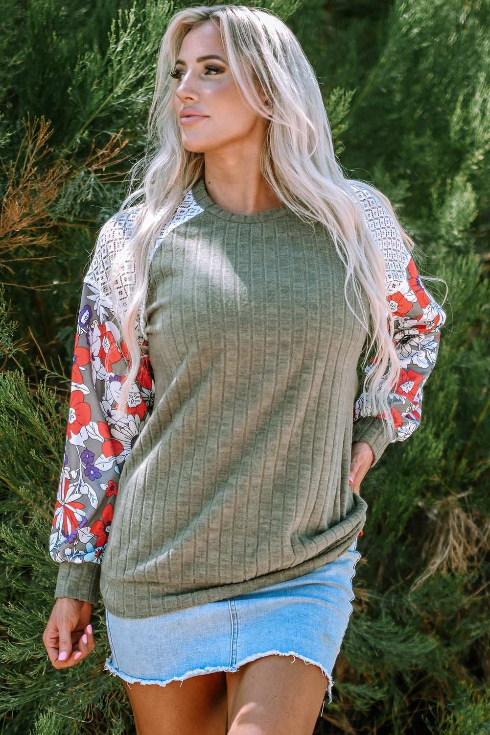 Bailey Patchwork Long Sleeve Ribbed Blouse with Floral Lace Detail - Love Salve 