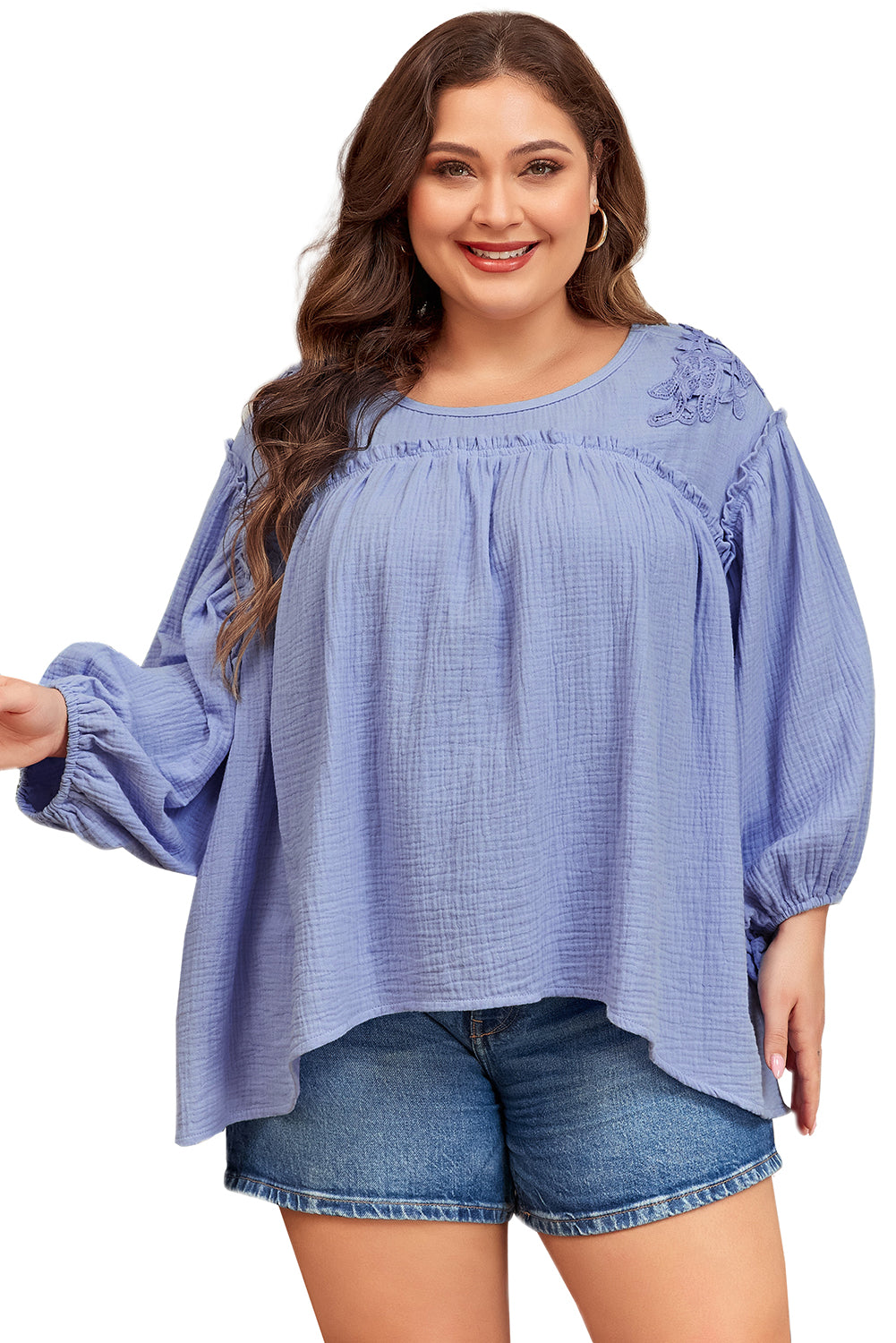 Elegant plus size crochet detail babydoll blouse in beau blue