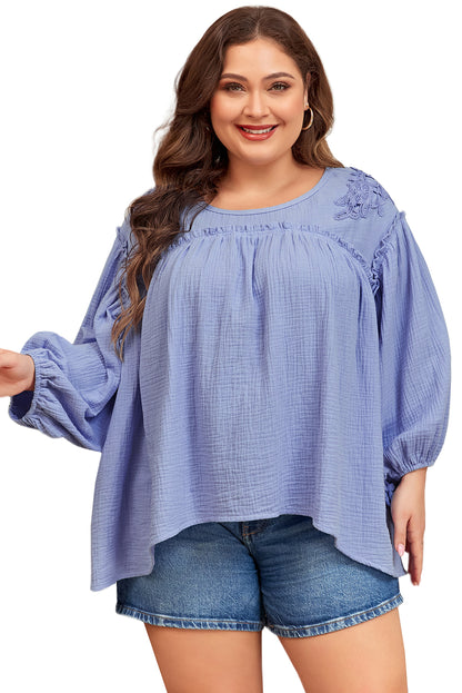 Elegant plus size crochet detail babydoll blouse in beau blue