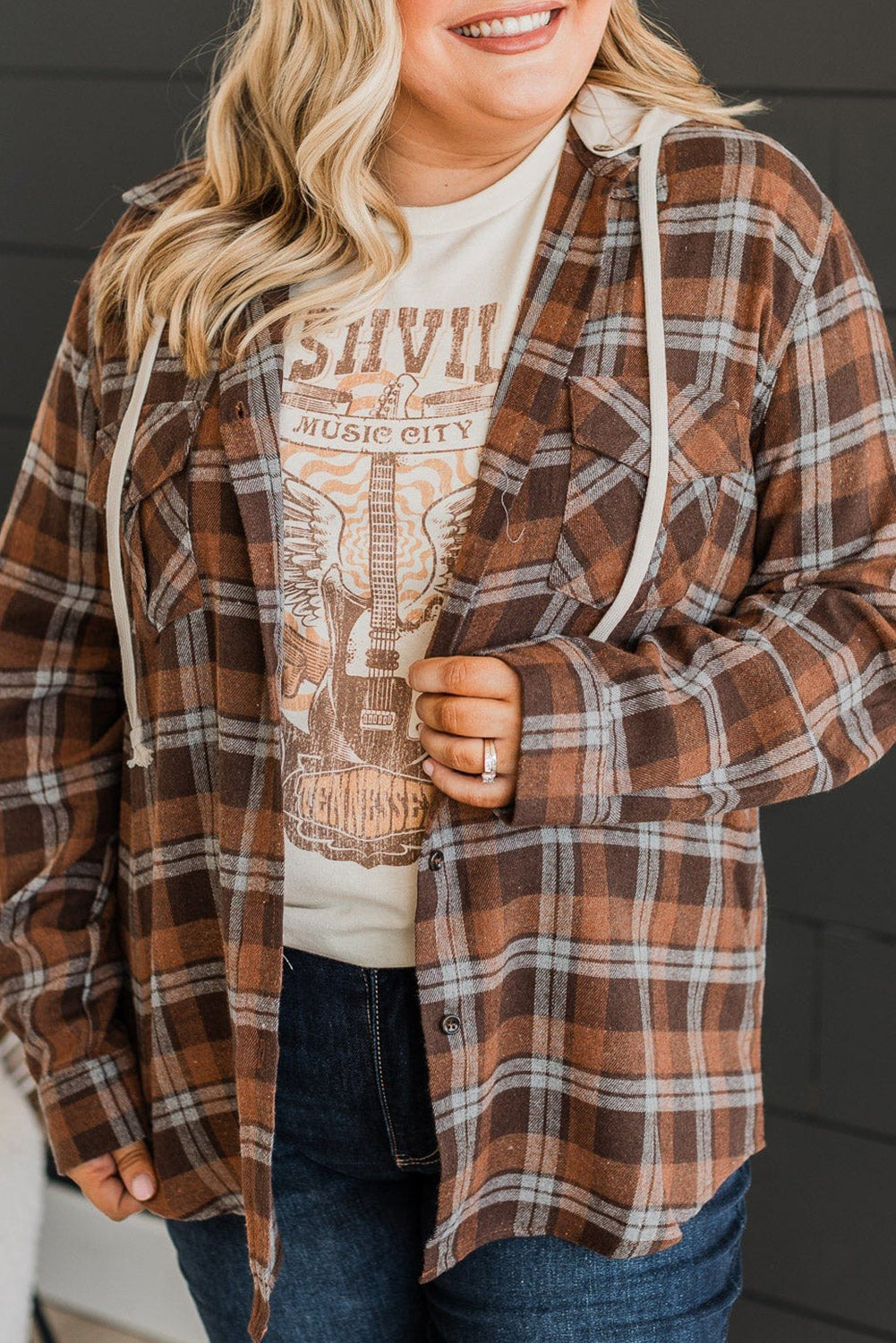 Cozy brown plaid hooded jacket for plus sizes