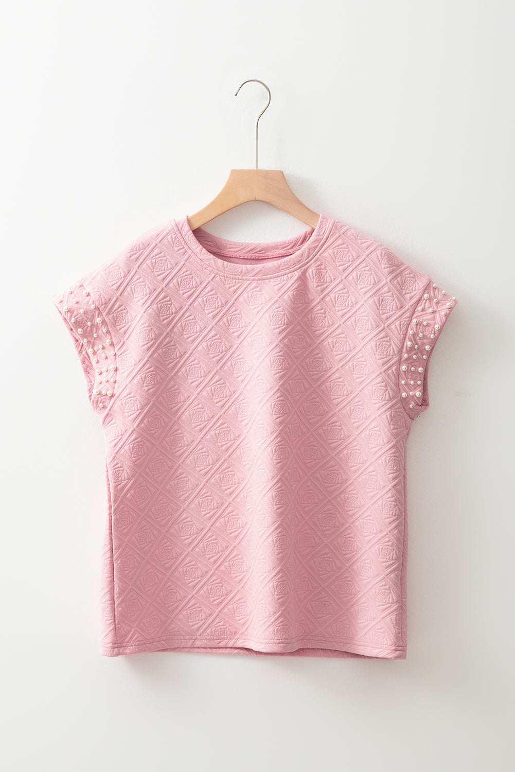 Light Pink Pearl Embellished Flower Textured T Shirt For Women