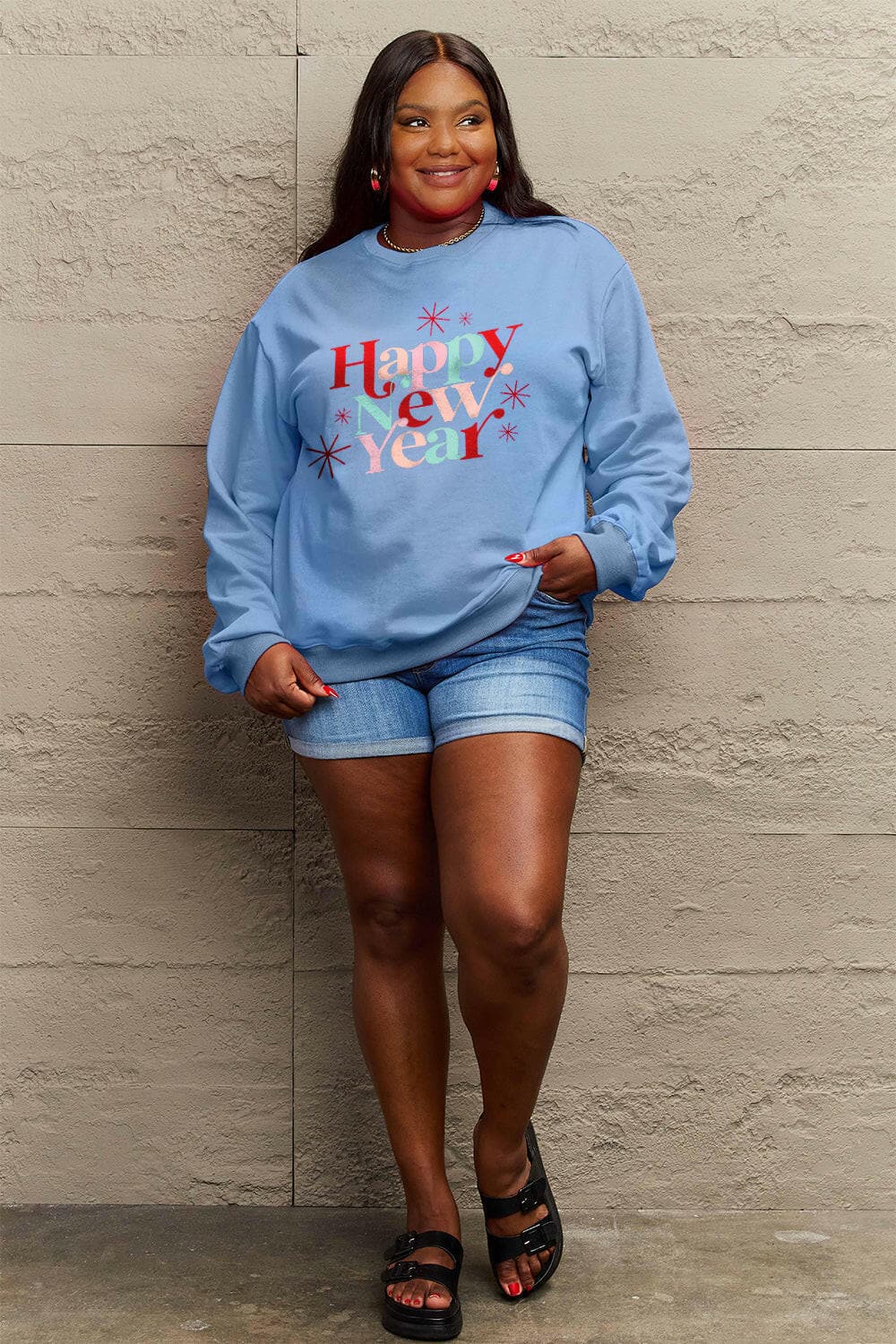 Simply Love Full Size HAPPY NEW YEAR Round Neck Sweatshirt.