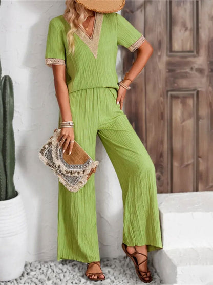 V-Neck Short Sleeve Top and Pants Set.