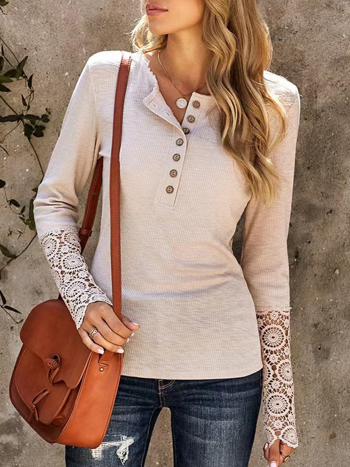 Lace Detail Half Button Long Sleve Knit Top.