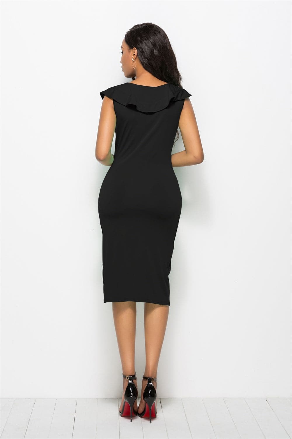 Ruched Ruffled Cap Sleeve Dress.