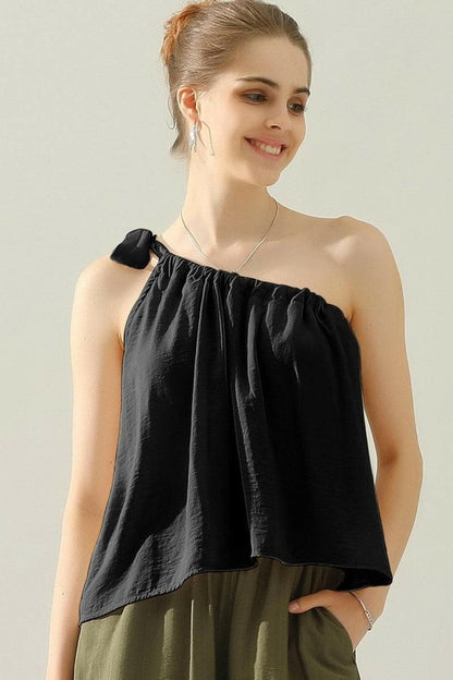 Ninexis One Shoulder Bow Tie Strap Satin Silk Top.