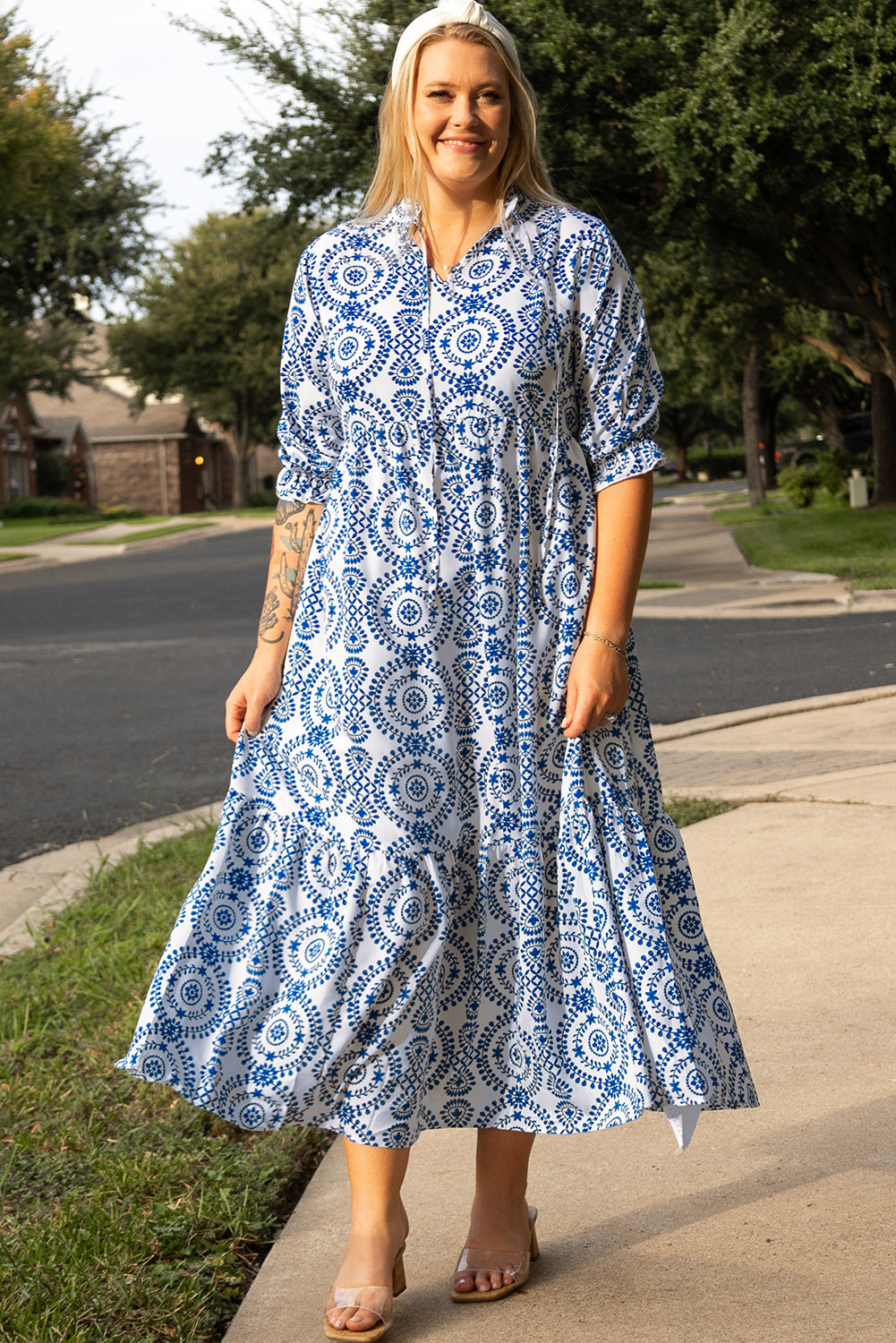 Sky blue geometric lace-up maxi dress with notch neck for plus sizes