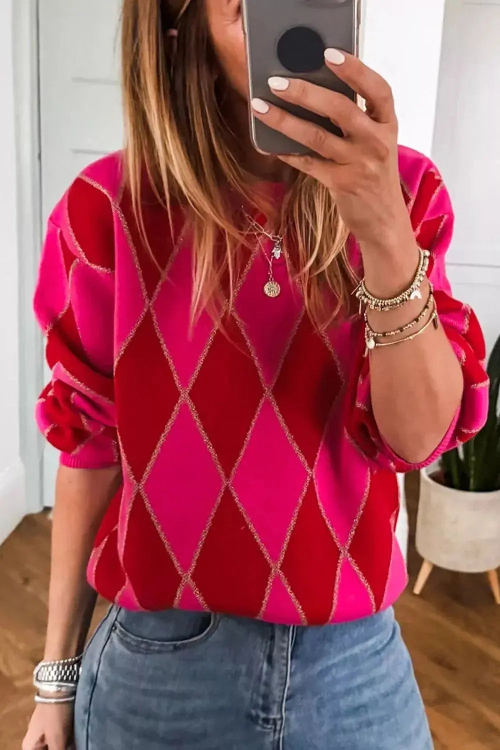 Argyle Pattern Long Sleeve Sweater Simply Love