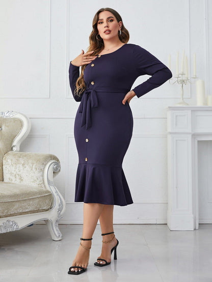 Melo Apparel Plus Size Buttoned Round Neck Tie Belt Midi Dress.