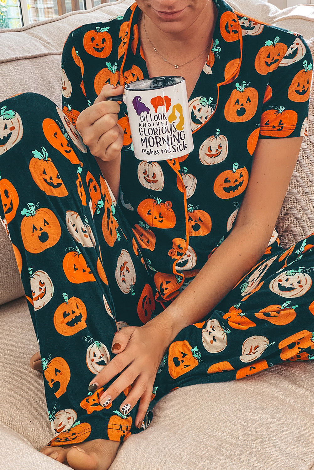 Festive orange Halloween short sleeve pajama set