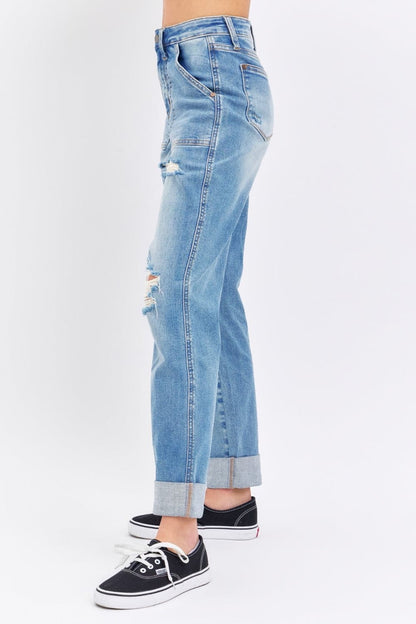 Judy Blue Full Size Distressed Straight Jeans with Patch Pockets.