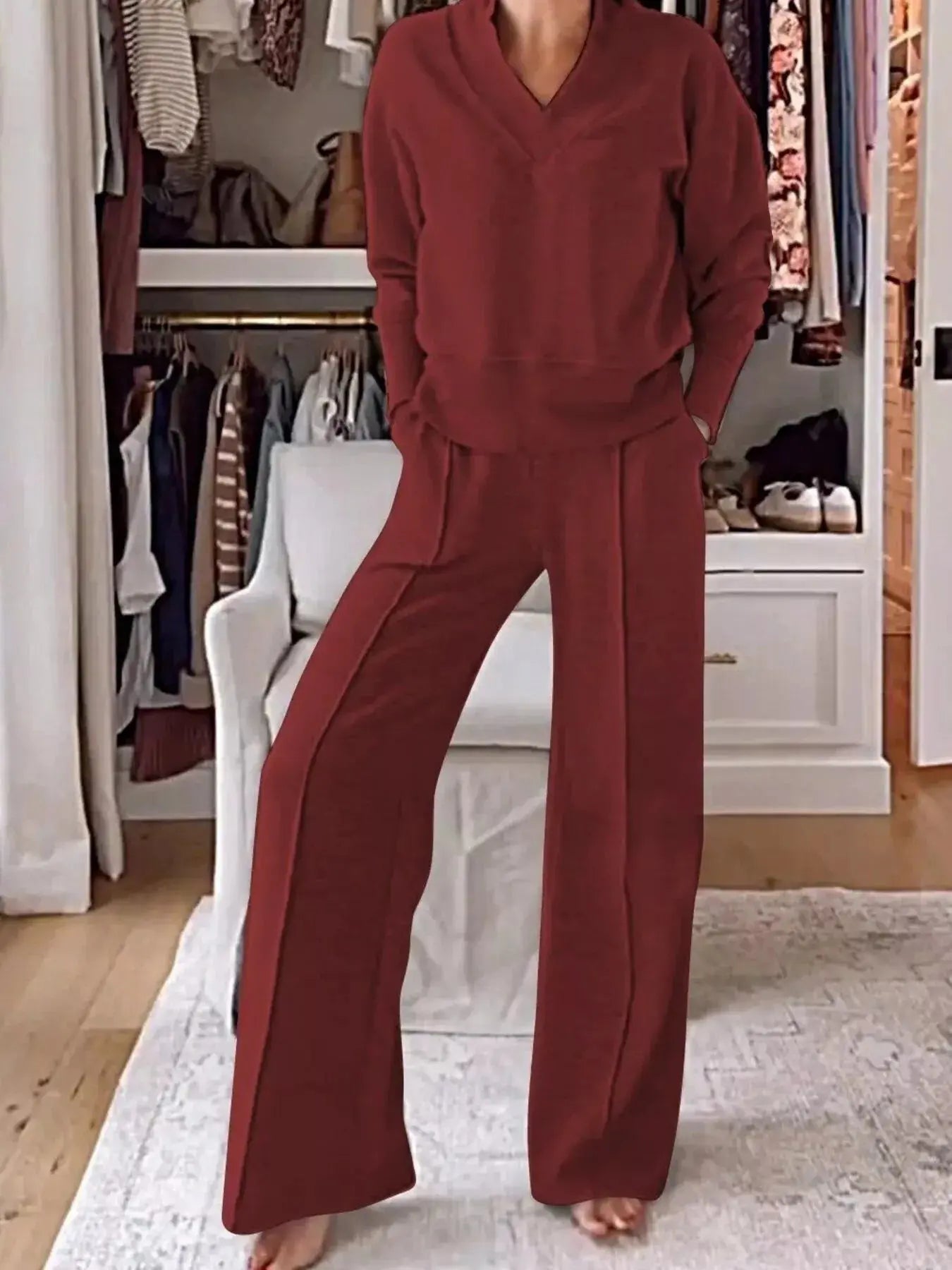 Full Size Cozy V-Neck Top and Pants Set Plus Size Simply Love